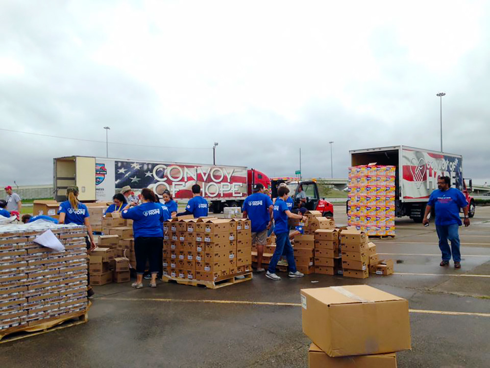 Convoy of Hope officials unload supplies to help Hurricane Harvey victims in Texas.