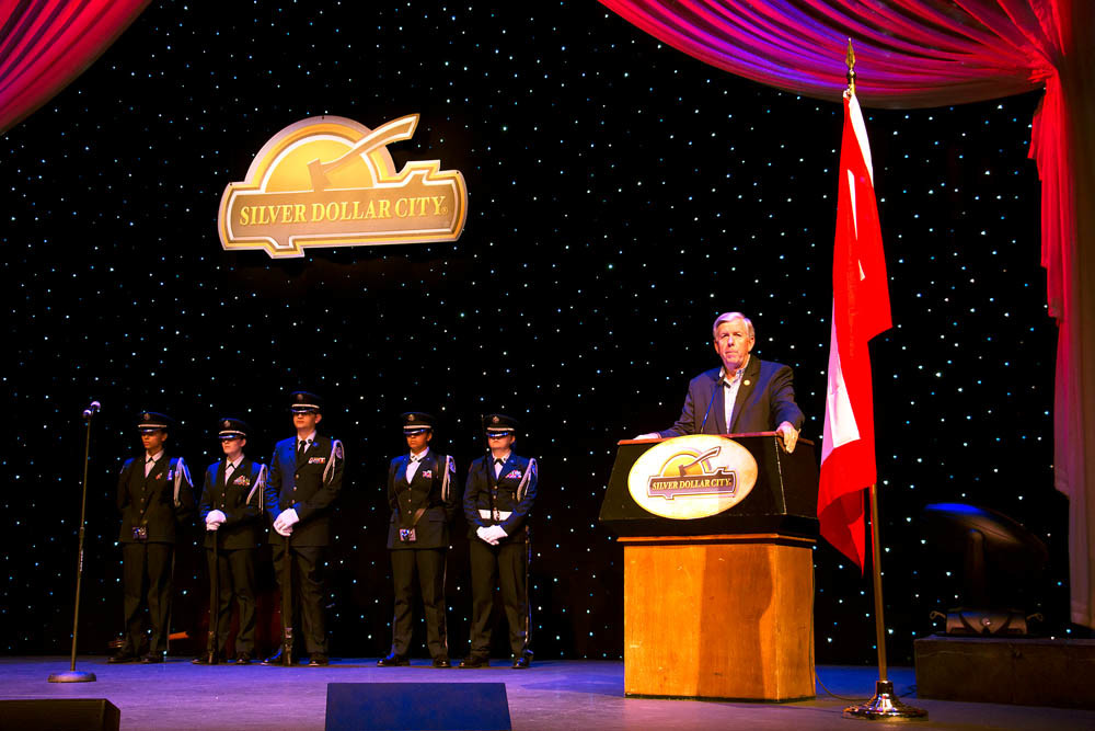 Gold Star
Silver Dollar City on Sept. 3 honors 300 Gold Star military family members with a day at the theme park including music, special guests and a private ceremony. Above, Missouri Lt. Gov. Mike Parson speaks to family members who have lost loved ones serving in the U.S. armed forces.