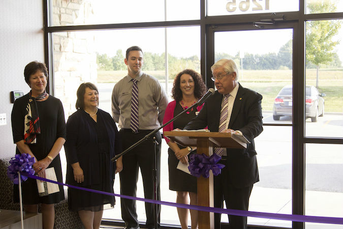 Southwest Baptist University President C. Pat Taylor addresses 160 attendees during the grand opening of a new training center for the Mercy College of Nursing and Health Sciences.Photo provided by SOUTHWEST BAPTIST UNIVERSITY