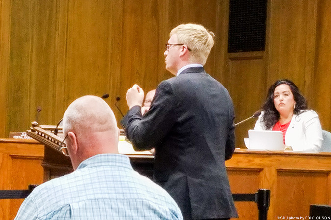 Attorney Scott Pierson of the Law Offices of Dee Wampler and Joseph Passanise PC speaks in support of Kristi Fulnecky during the July 11 City Council meeting.