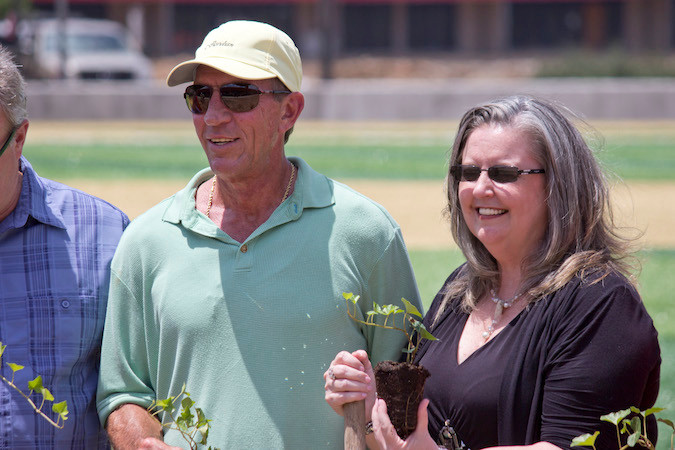 Former Chicago Cub Bobby Dernier and Branson Mayor Karen Best participate in a ceremonial ivy planting at Ballparks of America’s Wrigely Field replica.Photo provided by CITY OF BRANSON