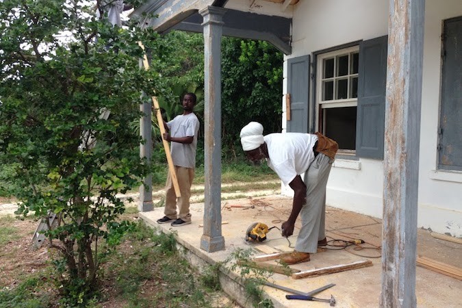 Workers on the island of Eleuthera work on the former Rock Sound Club for a new technical schools that should provide educational opportunities for Drury students and staff.