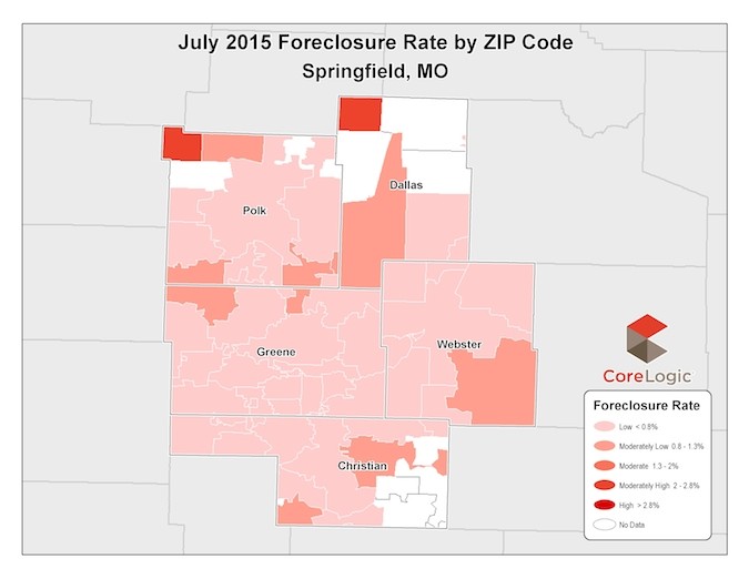 Most of Greene County recorded a foreclosure rate below 0.8 percent in July.Graphic provided by CORELOGIC