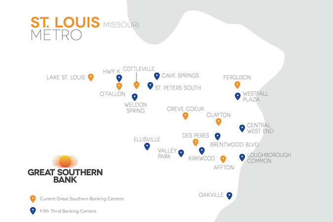 Great Southern Bank would increase its St. Louis branch total to 20 from eight with the purchase from Cincinnati-based Fifth Third Bank.Graphic provided by GREAT SOUTHERN BANK