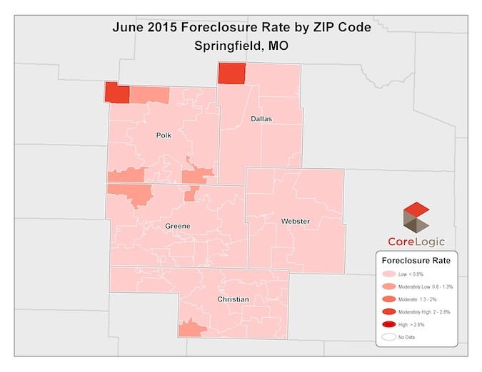 The majority of Greene County has foreclosure rates of less than 0.8 percent, the best category marked by CoreLogic.Graphic provided by CORELOGIC