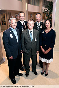 Stuart Stangeland, COO, Mercy Springfield Communities; Dr. Alan Scarrow, president, Mercy Clinic Springfield Communities; Jay Guffey, COO, Mercy Hospital Springfield; Jon Swope, president, Mercy Central Communities; and Lisa Person, chief nursing officer, Mercy Hospital Springfield