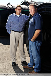 Jim Massengale and Bert Bridges are expanding their polyethylene pipe manufacturing company into North Dakota to serve the oil and gas market.Click here for more photos.
