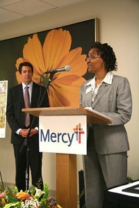 Joplin Mayor Melodee Colbert-Kean accepts the donation for the city as Mercy CEO Lynn Britton stands by.JTBJ Photo by DAVID MINK