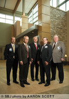 CoxHealth officials are set to open the renovated Meyer Orthopedic Center in April. In the lobby are Steve Edwards, executive vice president and COO; Dr. John Duff, senior vice president and administrator of Cox hospitals; Rod Schaffer, vice president of facilities management; Ron Prenger, vice preisdent of clinical services and administrator of Cox Walnut Lawn; and Bob Bezanson, president and CEO.