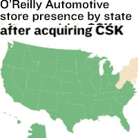 O'Reilly Automotive gained stores in 22 states through the CSK acquisition, including a presence in 10 new states primarily in the West. O'Reilly – still the country's third-largest auto parts retailer – now has nearly 3,200 stores.