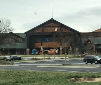 Bass Pro Shops is testing signage sizes that will appear at the main entrance of America’s Wildlife Museum and Aquarium. The letters shown here were taken down after briefly appearing.SBJ photo by EMILY LETTERMAN