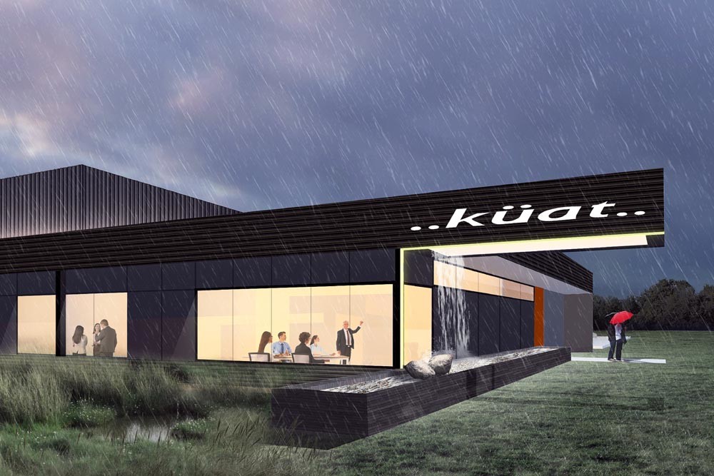 Arkifex Studios designed Kuat Innovation’s new headquarters with a rain-fed waterfall.