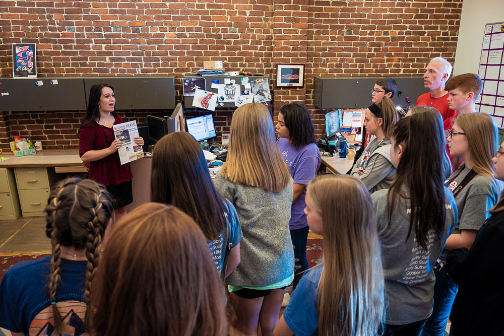 START THE PRESSES
Nixa Junior High’s journalism class tours Springfield Business Journal on April 27. Above, Features Editor Hanna Smith shares the ins and outs of what it takes to be a journalist.