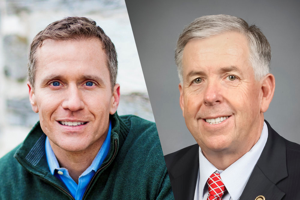 State leaders are welcoming the Missouri governor transition to Mike Parson, right, from Eric Greitens.