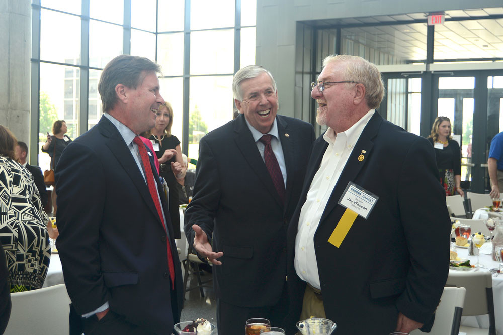 Nod to Jeff City
The Springfield Metro Partnership on June 28 hosts a legislative appreciation luncheon at Missouri State University’s Glass Hall. During the event, Gov. Mike Parson, center, chats with Rep. Kevin Austin, R-Springfield, left, and Sen. Jay Wasson, R-Nixa. MSU, the city of Springfield, Greene County and Springfield Public Schools are among the members of the Springfield Metro Partnership.