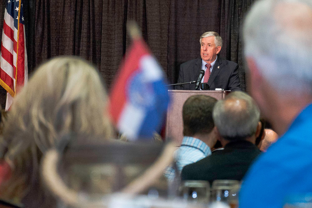 Missouri Gov. Mike Parson addresses more than 400 in attendance Aug. 1 at the Springfield Area Chamber of Commerce’s State of the State event.