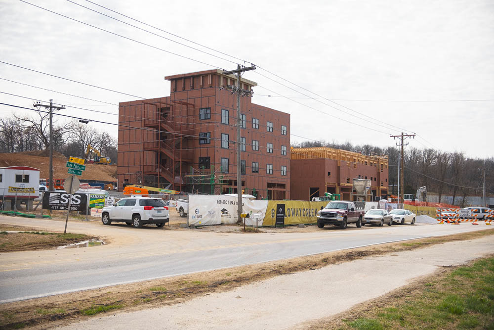 Pictured under construction in March, the four-story, mixed-use Galloway Creek was completed in September.