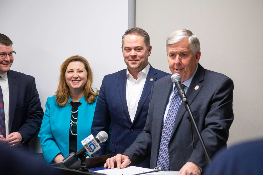 Gov. Mike Parson discusses his administration’s priority for Fast Track. From left, he’s joined by Springfield chamber President Matt Morrow, state Education Department Commissioner Zora Mulligan and House Speaker Elijah Haahr.