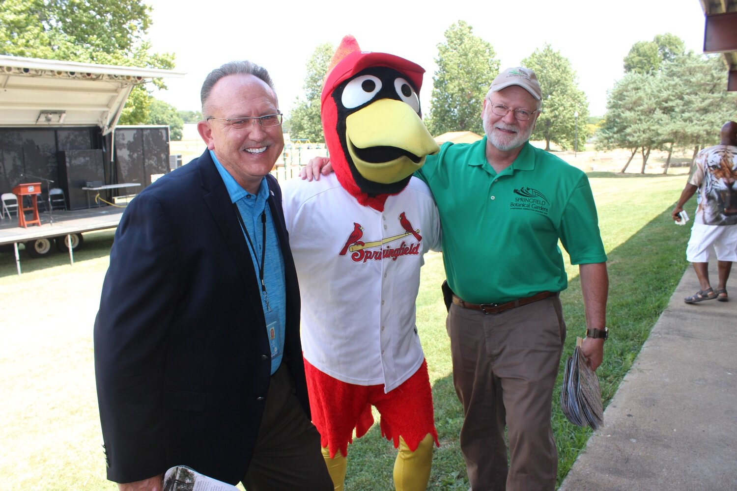 Bob Belote, left, is pictured with Louie, the Springfield Cardinals' mascot, and Assistant Parks Director Miles Park.