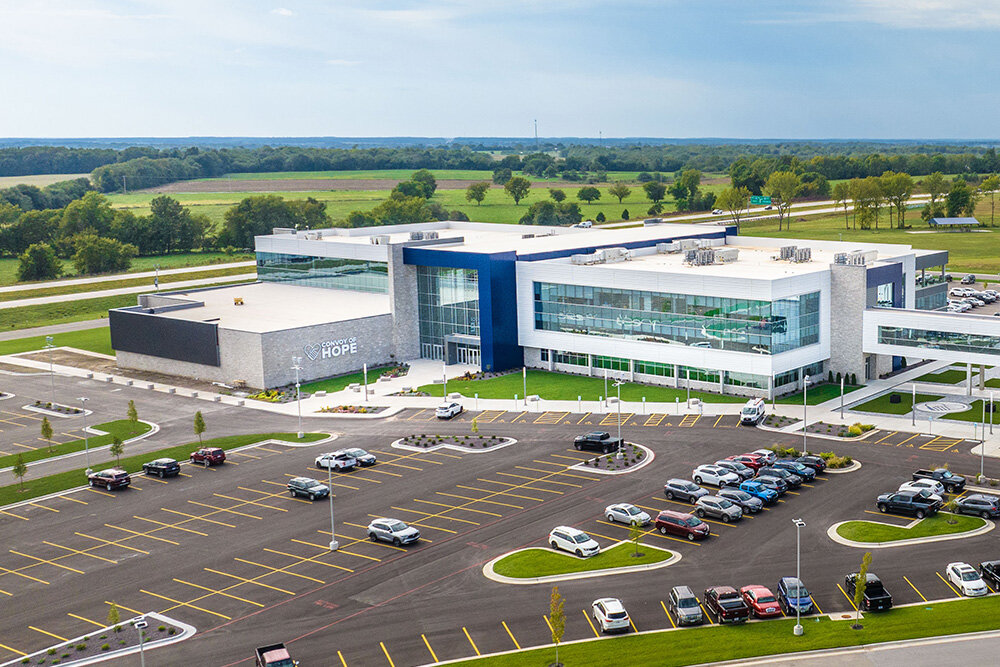 The Convoy of Hope Global Headquarters and Training Center is linked to its distribution center by a skywalk for 430,000 square feet under roof.