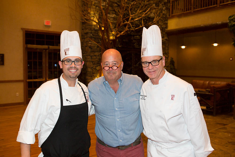 ‘The Zimmern list’
College of the Ozarks welcomed TV personality Andrew Zimmern for his new show “The Zimmern List.” Above, Zimmern takes a break with Keeter Center executive sous chef Kyle Houston, far left, and Keeter Center executive chef Robert Stricklin.