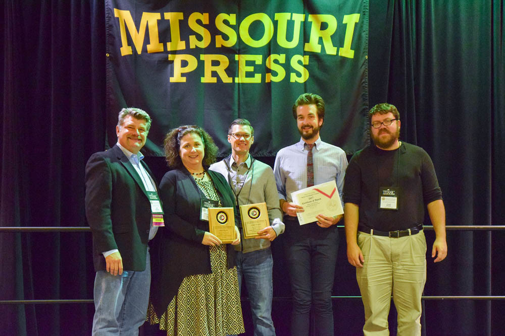 Missouri Press in SGF
Above, Missouri Press Association President Jeff Schrag, far left, presents awards to Springfield Business Journal staff during the annual Better Newspaper Contest, held this year in Springfield at University Plaza Hotel. With Schrag are Publisher Jennifer Jackson, Editor Eric Olson, Editorial Designer and Photographer Wes Hamilton, and Web Producer Geoff Pickle.