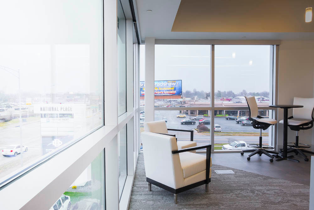 Views To Relax
Two glass walls help shape the firm’s break room. Executives decided the best view in the building should be shared by all employees. “Since we’re on the third floor – most buildings in Springfield are two floors – we have great views in all directions,” Kubik says.