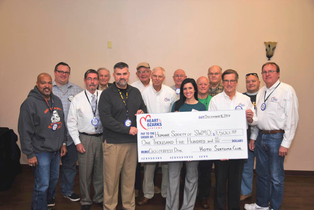 Big Hearts
Heart of the Ozarks Sertoma Club made two donations to local charities totaling $25,200. Above, $1,500 in proceeds from Oktoberfest is awarded to the Humane Society of Southwest Missouri.