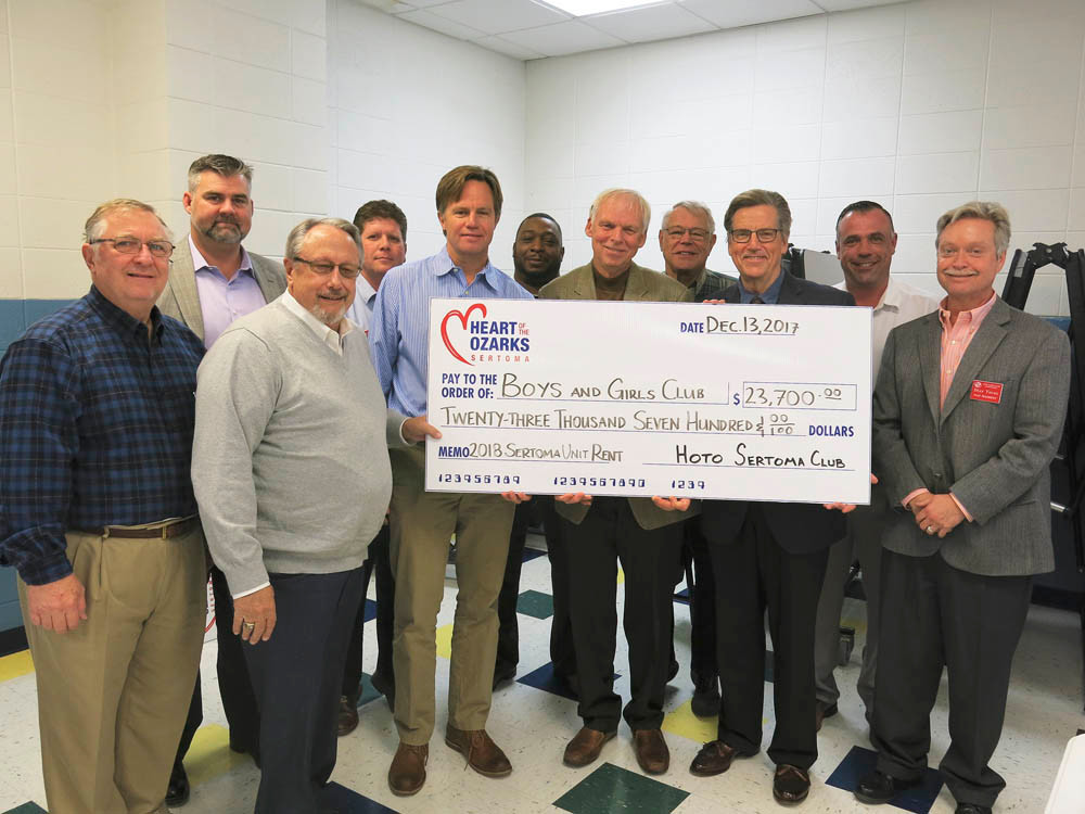 Big Hearts
Heart of the Ozarks Sertoma Club made two donations to local charities totaling $25,200. A check of $23,700 goes to Boys and Girls Club of Springfield Inc., above, to pay for the organization’s rent in 2018.