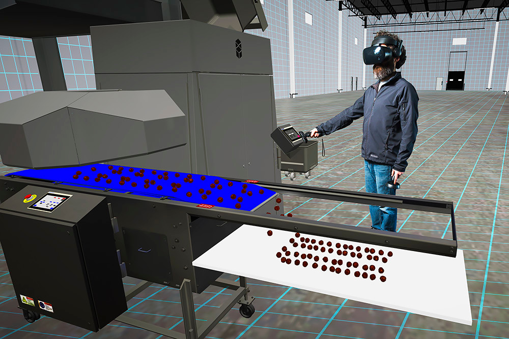 ALTERED PERCEPTION: When he puts on the virtual reality goggles, Self Interactive founder Charlie Rosenbury is transported into the virtual showroom his team created to showcase a meat-processing machine.