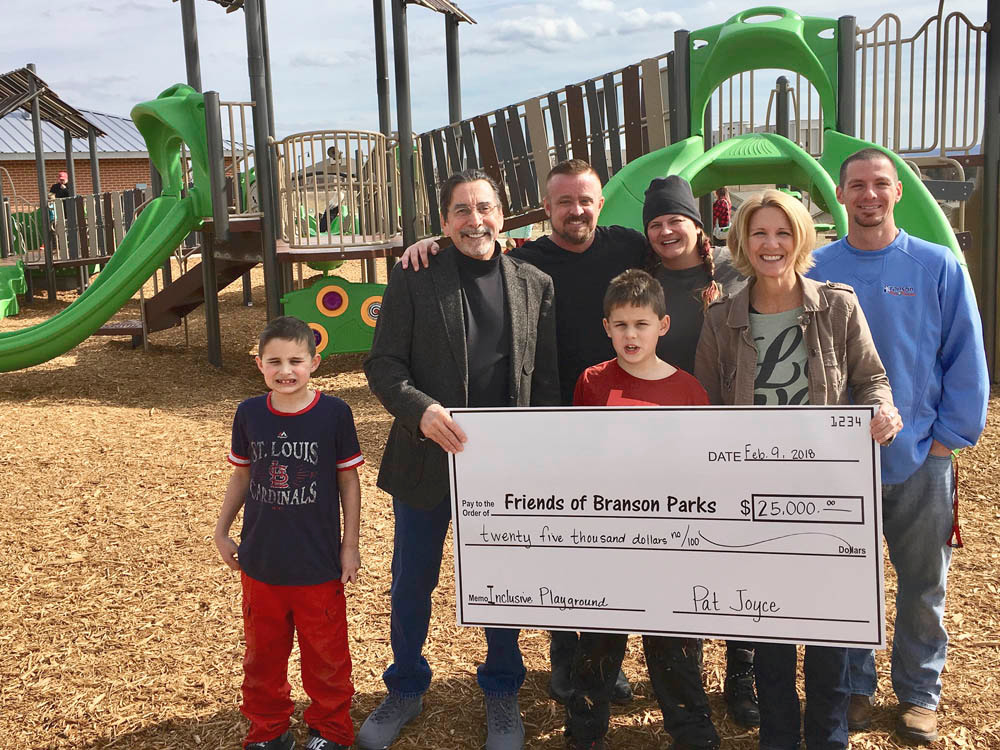 Joyce Family Trust
Pat Joyce, far left, and his family, along with his SummerWinds Resorts, donate $25,000 toward the construction of a new inclusive playground at the Branson RecPlex. The Branson Parks and Recreation Department, represented by Director Cindy Shook in the picture, also received a $70,000 grant for the playground. The estimated $160,000 playground will have elements designed for children with special needs.