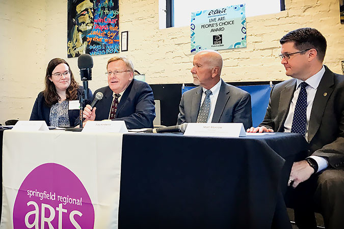 Springfield Regional Arts Council Executive Director Leslie Forrester, Mayor Ken McClure, Springfield Convention & Visitors Bureau President Tracy Kimberlin and Springfield Area Chamber of Commerce President Matt Morrow speak about the significance of the local arts culture.SBJ photo by GEOFF PICKLE