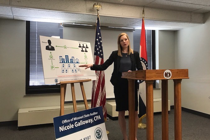 During a stop in Springfield, Missouri Auditor Nicole Galloway explains how transportation development districts are hurting taxpayers in support of developers.SBJ photo by GEOFF PICKLE