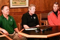 From left to right: Gary Farrant, vice president of Great Life Golf &amp; Fitness, Rick Farrant, president, and Aubrey McBride, general manager of Deer Lake Golf Course. Officials spoke at a press conference April 22.SBJ Photo by BRIAN BROWN