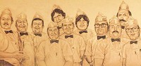 This sketch of Harter House butchers, which hangs in all stores, was created in 1977 by Joe Bauer, who now works on special effects for motion pictures. Harter House has adopted technology over the years to market its popular meat products.