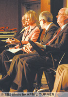 Jim Anderson, right, is moderator for a panel including, from left, Hal Higdon, Ann Marie Baker and Tim Rosenbury, to garner feedback after keynote speaker J. Mac Holladay's presentation.