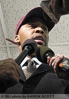 Cuonzo Martin answers media questions during a March 26 news conference announcing his coaching position at Missouri State University. Martin takes over men's basketball April 1.
