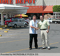 Incredible Pizza Co. founder and CEO Rick Barsness, left, stands with Mexican franchisee Gonzalo Barrutieta Losada near the soon-to-be home of the Monterrery, Mexico, location.