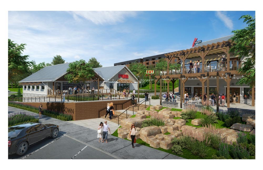 A rendering shows commercial and restaurant space for Quarry Town along South Lone Pine Avenue.