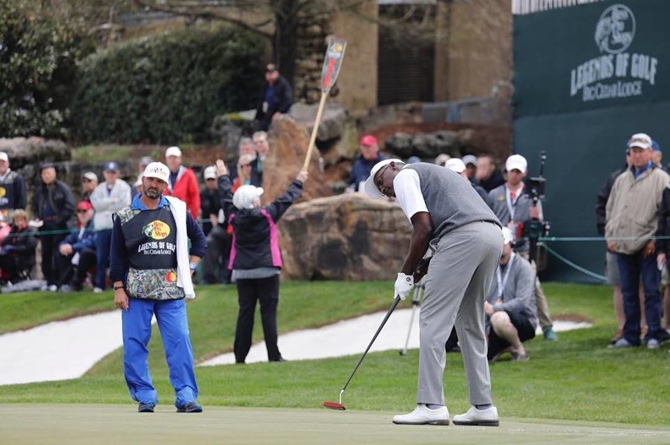 Vijay Singh, one of last year’s two winners, putts during the 2018 tournament at Big Cedar Lodge.