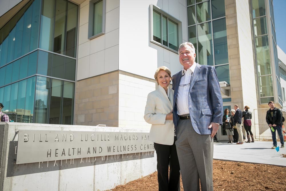 NAMING RIGHTS
Missouri State University’s health and wellness center is renamed after the Bill and Lucille Magers. The name change is in honor of an undisclosed donation from the Magers’ two sons, Bryan and Randy Magers. Above, Bryan and Chris Magers stand outside the newly renovated building.
