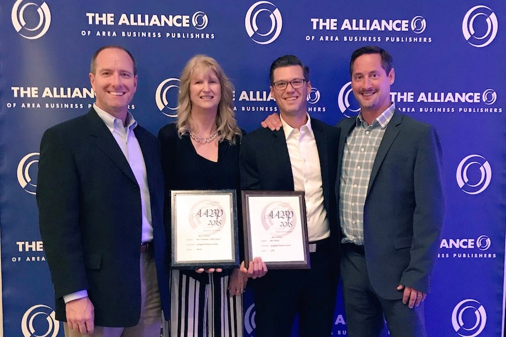 From left, SBJ Vice President of Business Development Todd Brierly, Circulation Director Diana Weber, Editorial Director Eric Olson and Associate Publisher Marty Goodnight accept two AABP awards in Washington, D.C.