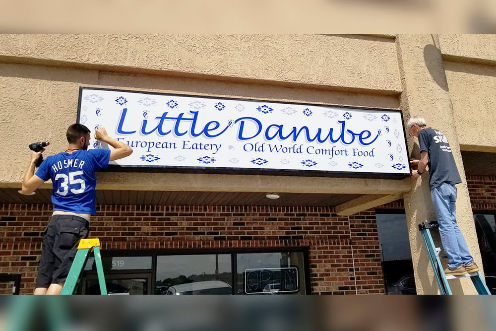 A sign is installed at Ozark eatery Little Danube. The restaurant will serve Eastern European fare.