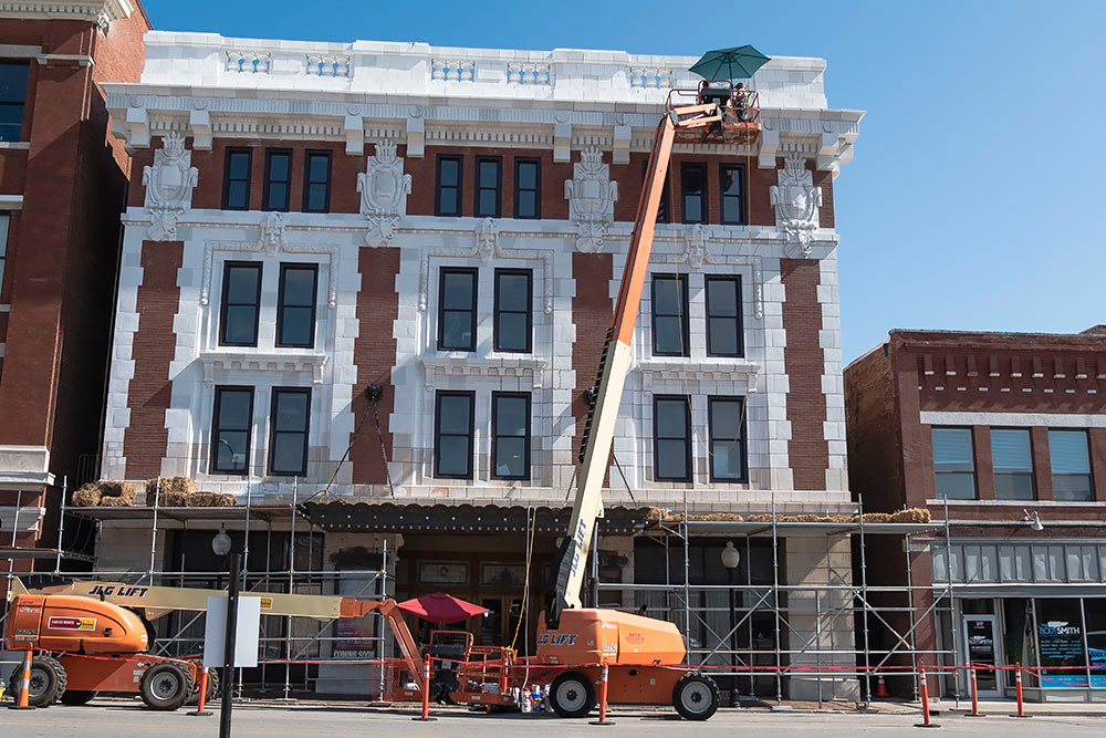Scaffolding this morning covers the front of Landers Theatre as crews tuck-point the building on Walnut Street in downtown Springfield.