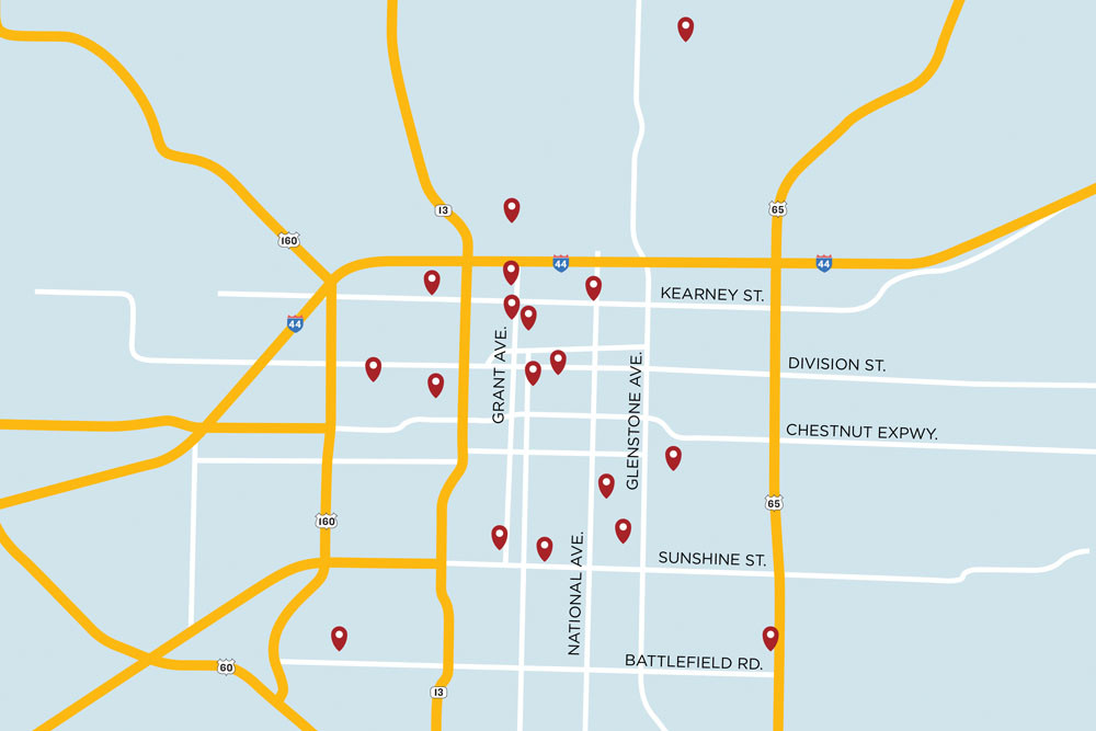 A map shows Springfield Public Schools buildings identified in a recent architectural study. View the next image for more details on the sites.