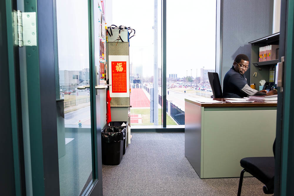 Transparency
Adviser George Radier works out of his office with a window view of Hammons Tower in the rear. Transparent glass helps present an open-door policy. 
“It doesn’t feel stressful,” Radier says of the impact on students. “Most will make a very positive comment about what they see.”