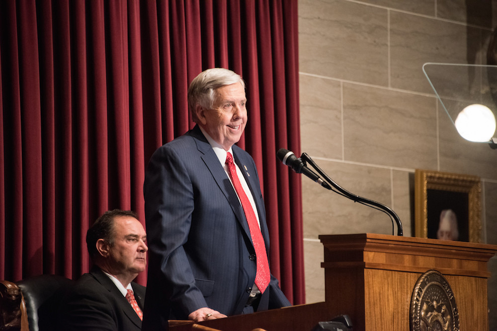 Gov. Mike Parson speaks Wednesday before the Genera Assembly in Jefferson City about issues impacting Missouri.