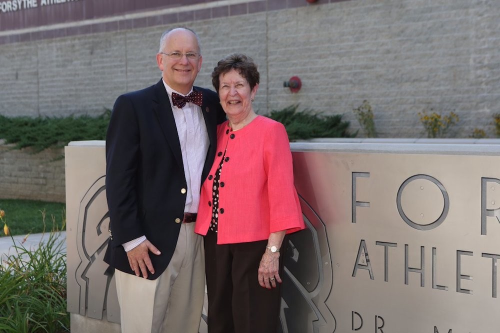 Missouri State University President Clif Smart poses with Mary Jo Wynn five years ago at a dedication ceremony. She died yesterday at age 87.
