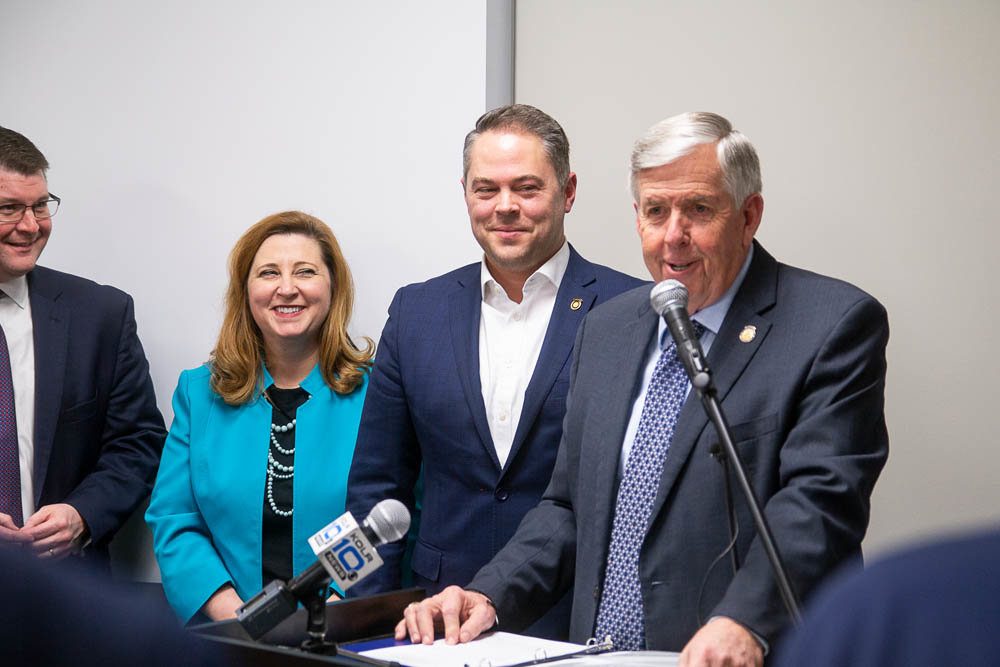 Gov. Mike Parson discusses his administration’s priority for Fast Track. He’s joined, from left, by Springfield chamber President Matt Morrow, state Education Department Commissioner Zora Mulligan and Missouri House Speaker Elijah Haahr.