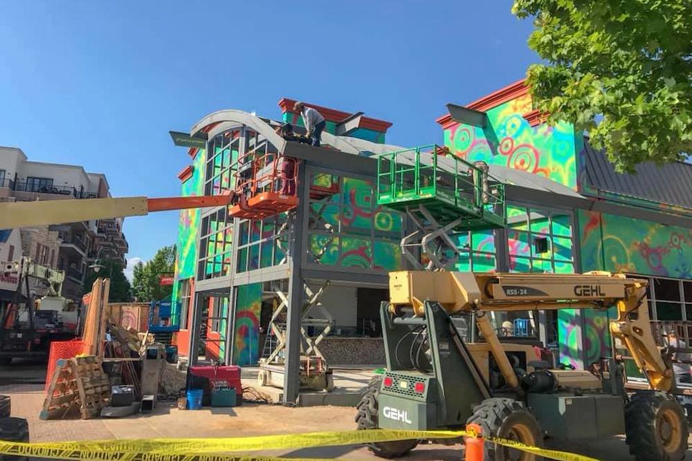 Shown here under construction in May, Mellow Mushroom Pizza Bakers is scheduled to open this month at Branson Landing.